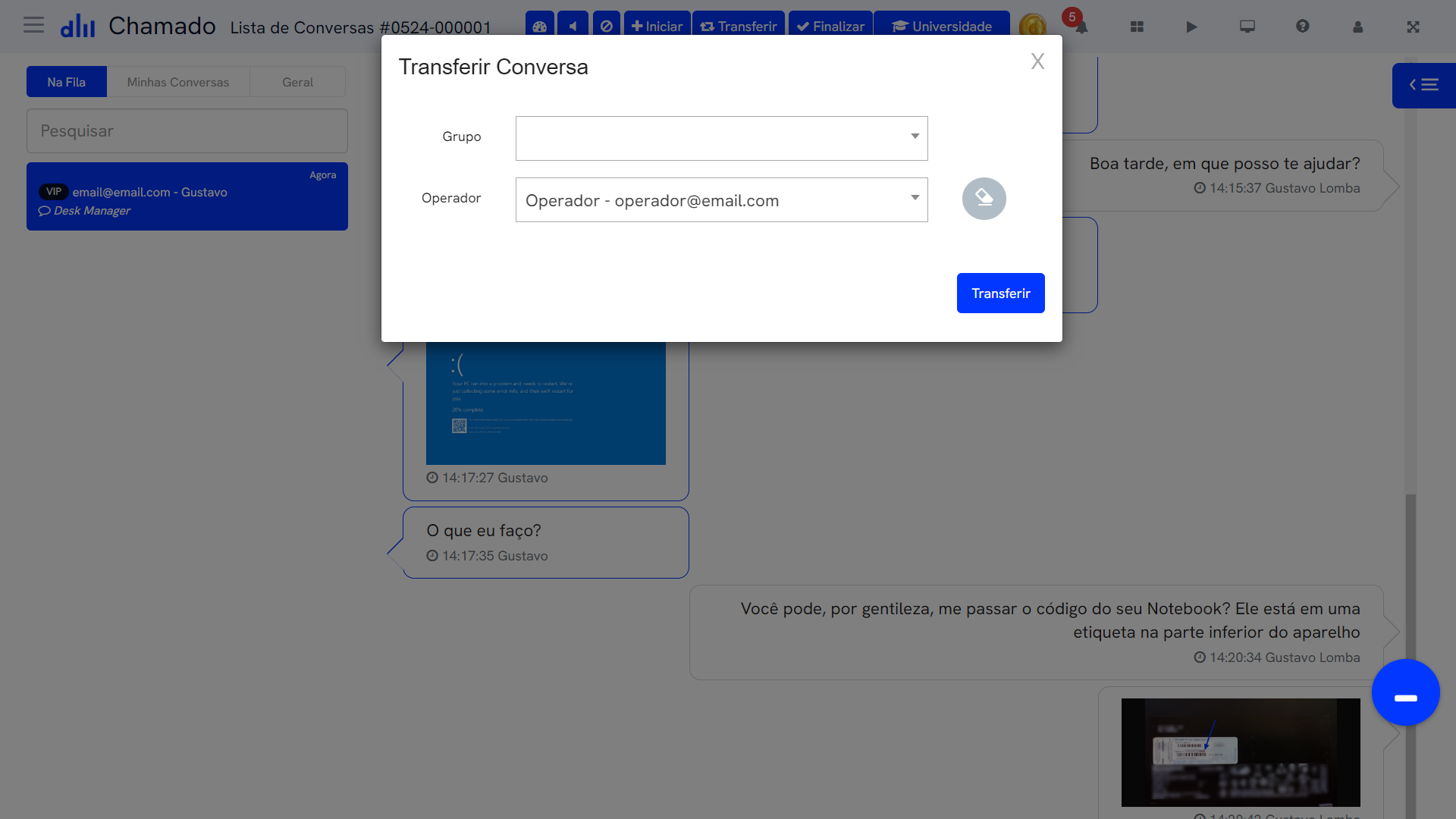 Desk Manager Aplicativo Conversa -Transferir Conversas