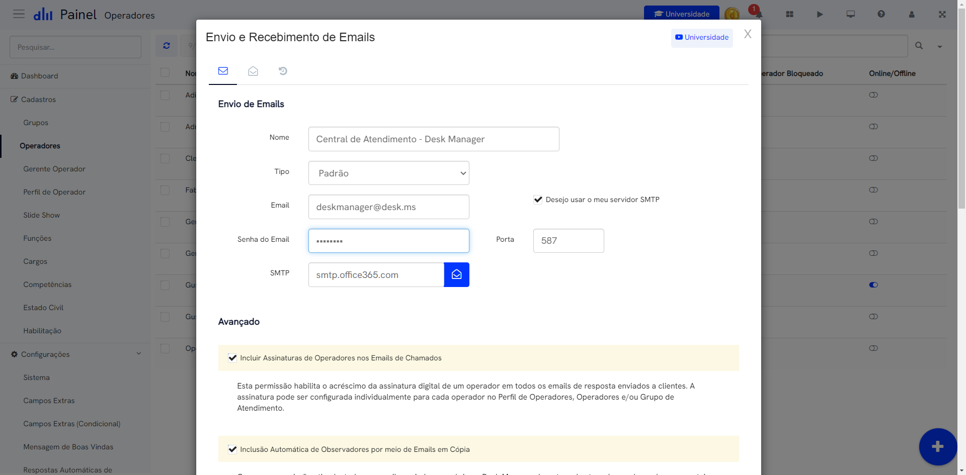 Desk Manager Funcionalidade - Painel SMTP Antes